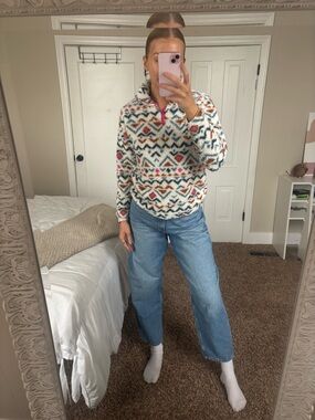 Eddie Bauer Cream Sherpa Quarter-Zip with Blue, Brown & Pink Accents